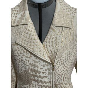 Chicos Womens Metallic Beige & Gold Textured Zip Up Jacket Size 1 (Med)